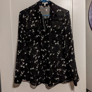 Express Portofino Blouse - Black w/ Birds Print